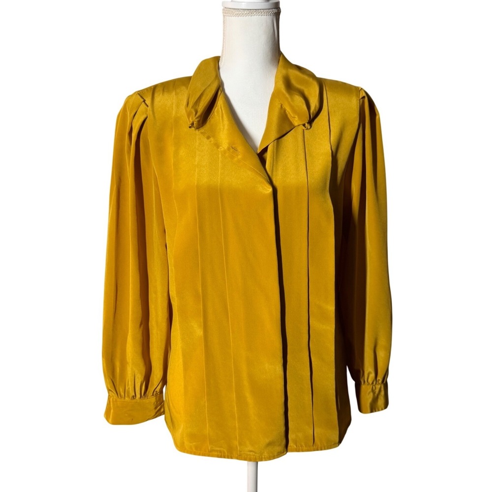 Peters & Ashley Liquid Silk Blouse 8 Mustard Gold Excellent Pleated Vintage Top